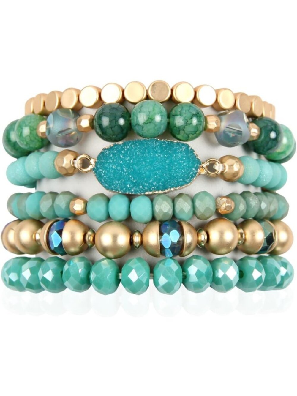 Bohemian Multi-Layer Druzy Bead Bracelet Set - Sparkly Faux Stone Cuff Bangles